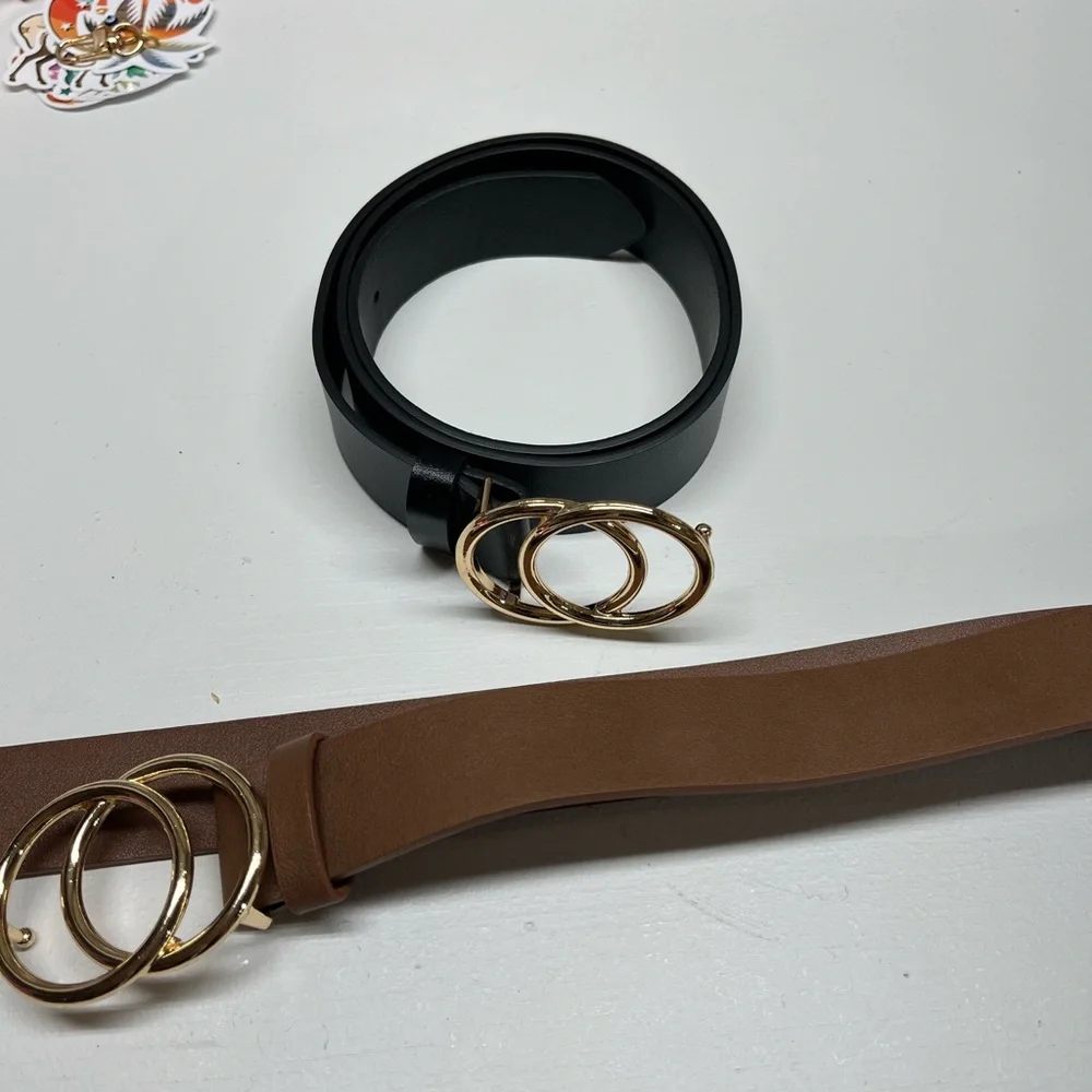 Elegant Black and Brown Women's Belt‎ with Gold Buckle